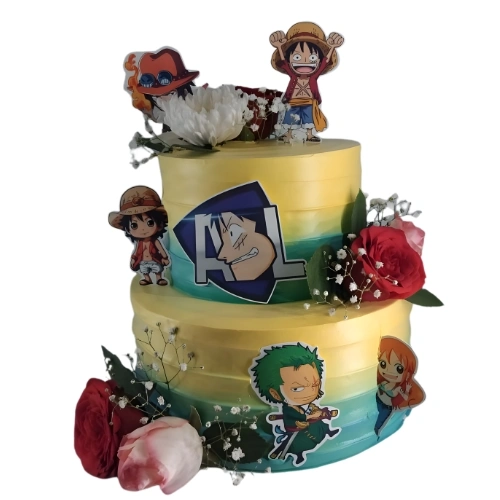 Luffy Crew Cartoon Theme Celebration Cake with Fresh Flower Touch