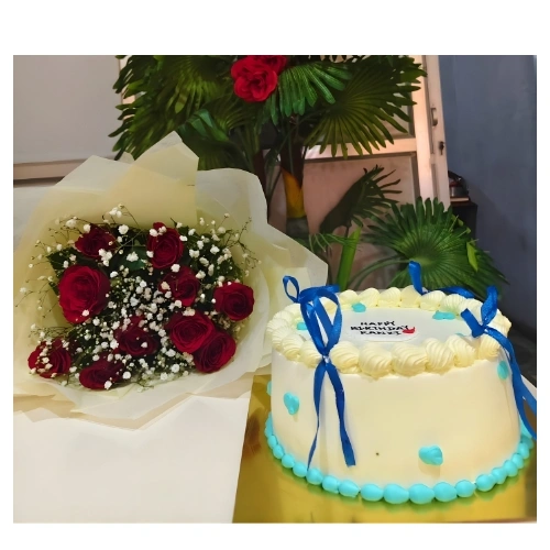 Luxury White Cream Celebration Cake with Blue Elegance & Fresh Red Roses Bouquet