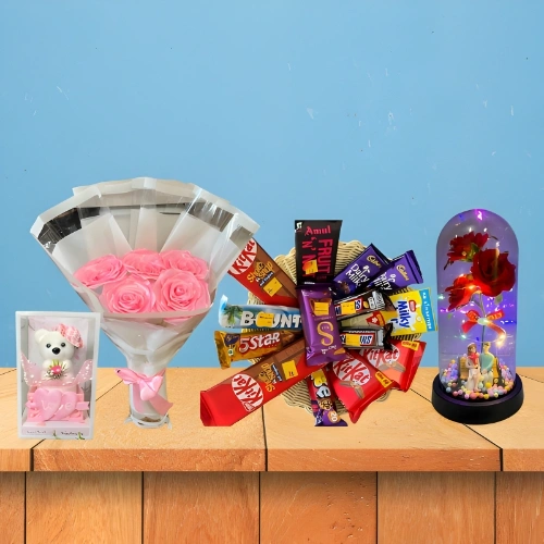 Forever Love Surprise Gift Box with Doll, Ribbon Roses, Chocolates & LED Dome