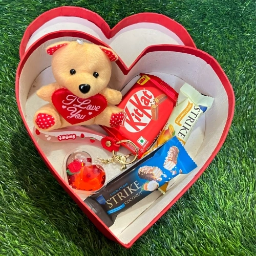 Forever Yours Valentine Heart-Shaped Gift Box with Love Teddy, Assorted Chocolates & Rose Keychain