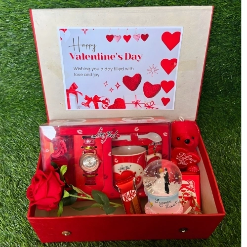 Eternal Love Valentine Gift Set with Chocolates, Romantic Showpiece, Watch & Cup Set, Teddy Bear and Red Rose