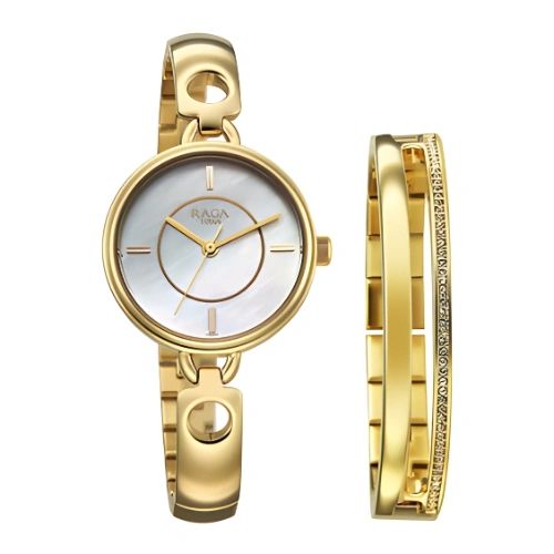 Titan Raga White Mother of Pearl Dial Gold Metal Strap Analog Watch for Women with a chic bracelet band- 2774YM01